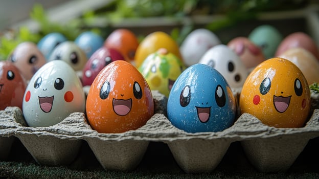 Ten colorful pokemon easter eggs smiling in a carton photo
