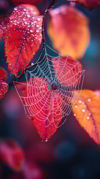 Spider web covered with dew drops hanging on autumn leaves photo