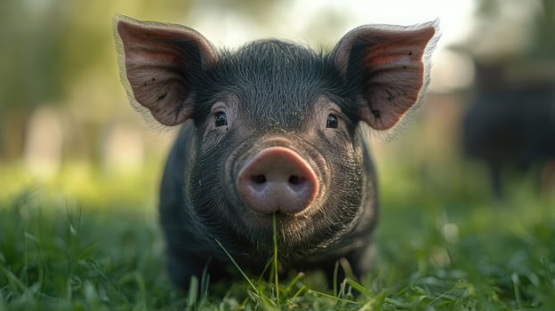 Young black piglet eating grass in a field photo