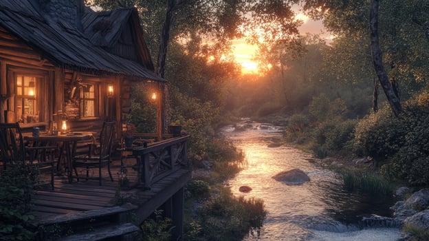 Wooden cabin overlooking river at sunset with lanterns lit on porch photo