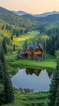 Luxurious log cabin reflecting in a serene mountain lake surrounded by forest photo