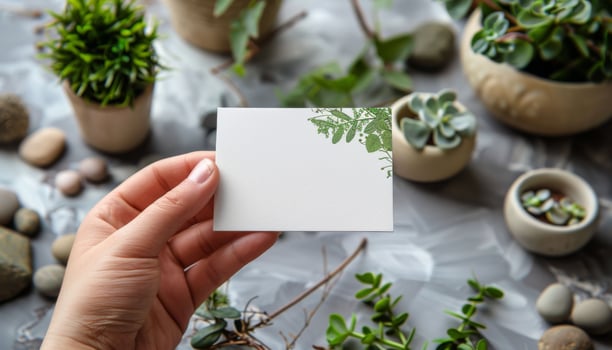 A hand holding a white card with a green leaf design on it photo