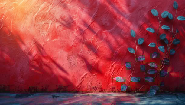 A red wall with a leafy green plant in the foreground photo