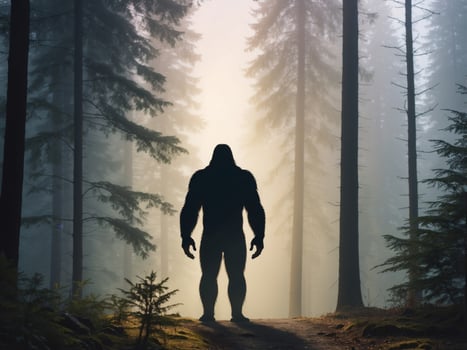 silhouette of Bigfoot standing in the foggy forest. photo