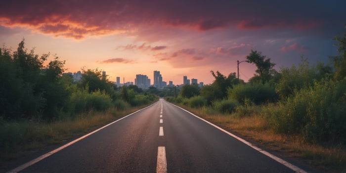 Deserted urban landscape with overgrown roadway and cloudy sky at dusk. photo