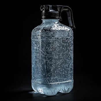 A large plastic water bottle with a black handle photo