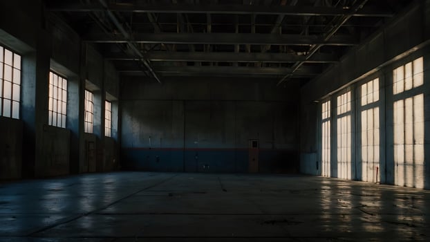 Dark Concrete Warehouse Interior With Sun Streaks photo