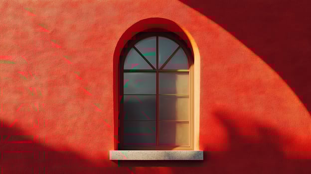 Aesthetic arch window shape on red wall with shadow leaves tree classing building architecture photo