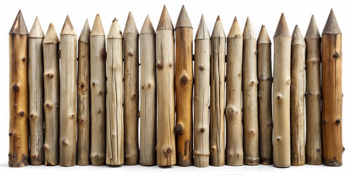 An old fence made of logs tightly fitted to each other with pointed ends on a white background. photo