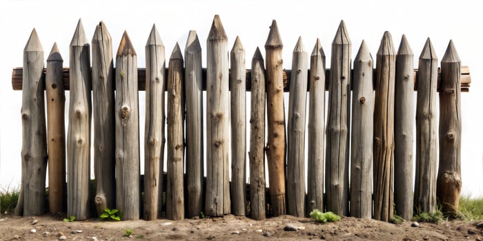An old fence made of logs tightly fitted to each other with pointed ends on a white background. photo