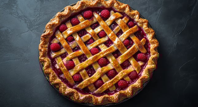 Delicious raspberry pie with a golden lattice crust on a dark stone surface photo