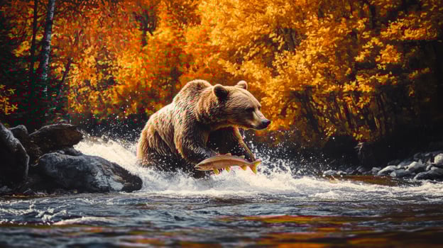 A brown bear is catching a fish in the water photo