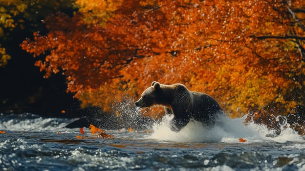 A brown bear is jumping into the water photo