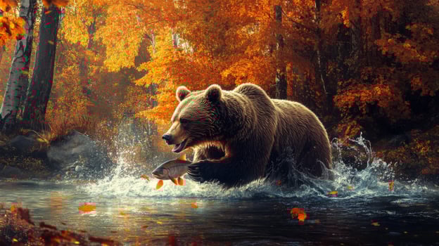 Brown bear with fish in the autumn forest photo