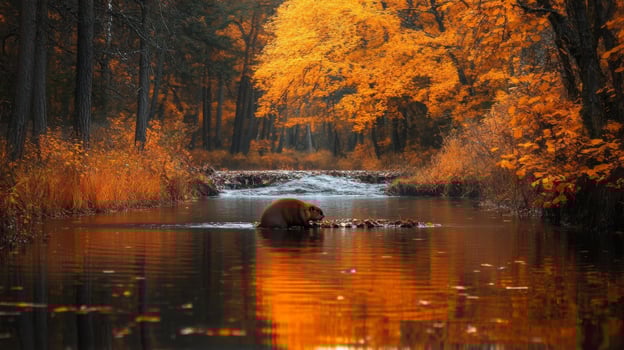 A bear is standing in the water in the middle of a river photo