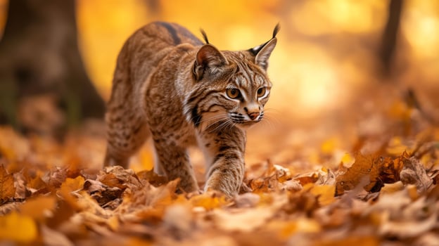A lynx cat walking through the leaves in the woods photo