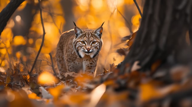 A lynx is walking through the woods in the fall photo