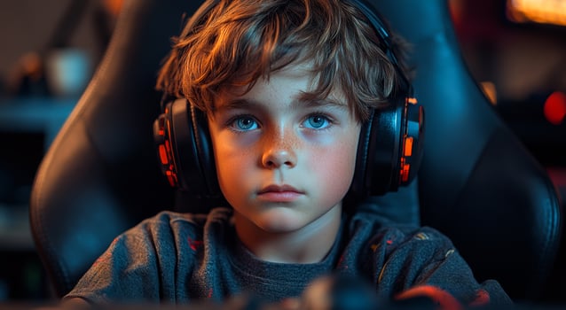 A young boy wearing headphones is sitting in a chair. He is looking at the camera with a serious expression photo