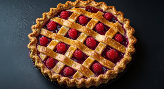Delicious raspberry pie with a golden lattice crust on a dark stone surface photo