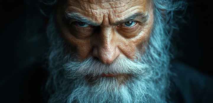 A man with a beard and a beard is looking at the camera with a stern expression. The man's face is wrinkled and his eyes are narrowed photo
