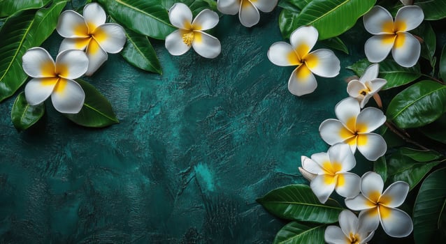 A vibrant arrangement of white and yellow flowers framed by lush green leaves on a dark background photo