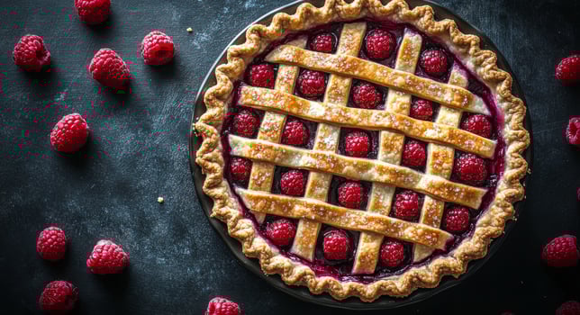 Delicious raspberry pie with a golden lattice crust on a dark stone surface photo