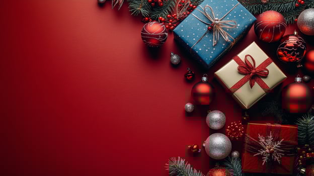 Beautifully wrapped Christmas gifts on a festive red background with decorations and greenery photo