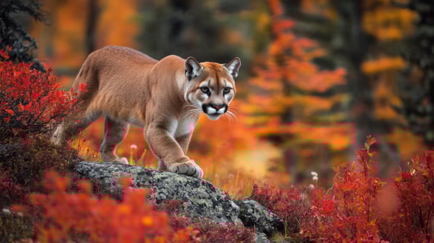 A cougar walking through the forest in autumn photo