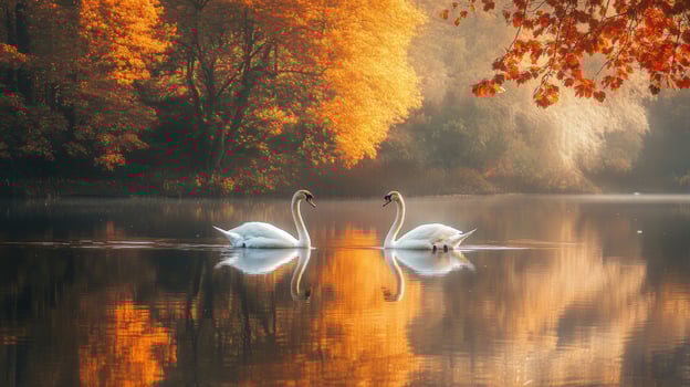Two swans swimming in the water in front of autumn trees photo