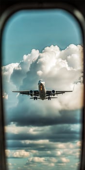 Small plane in the sky among the clouds. photo