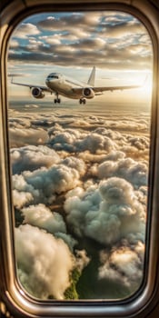 Small plane in the sky among the clouds. photo