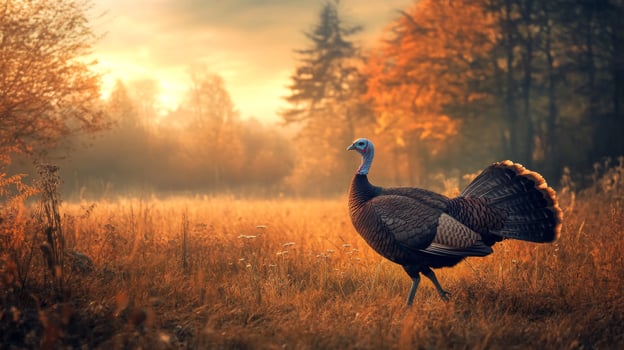 A turkey is walking through a field at sunset photo