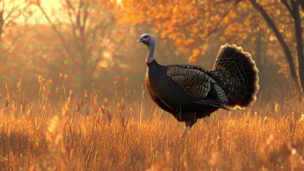A turkey is walking through a field at sunset photo