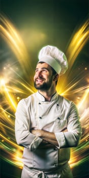 Male restaurant chef in professional clothes smiling. photo