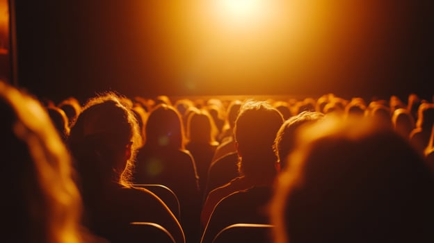 A large crowd is seated in a theater, facing a brightly lit stage that illuminates the darkened room. photo
