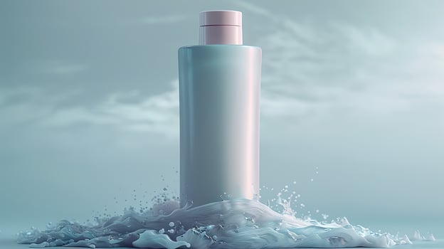 A bottle of lotion is sitting on top of a wave of water photo