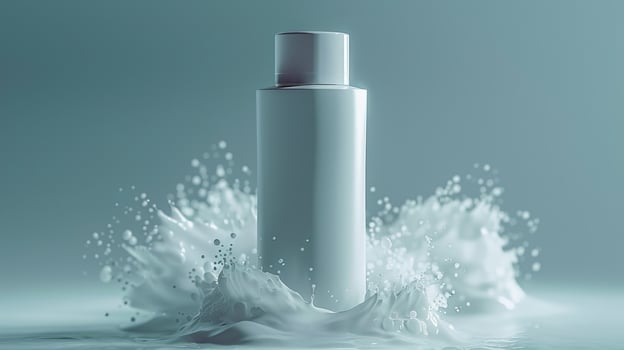 A bottle of lotion is surrounded by a spray of white foam photo