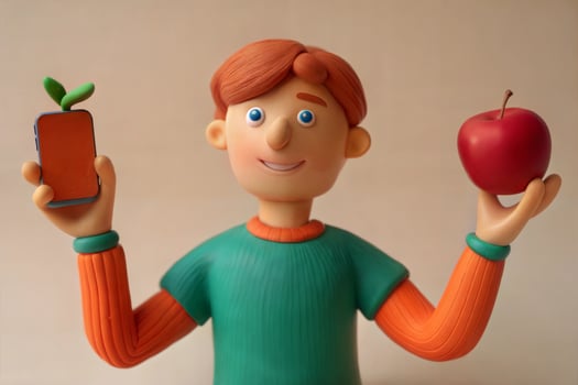 A red-haired man in a green T-shirt holds a smartphone with green leaves in his right hand and an apple in his left. photo