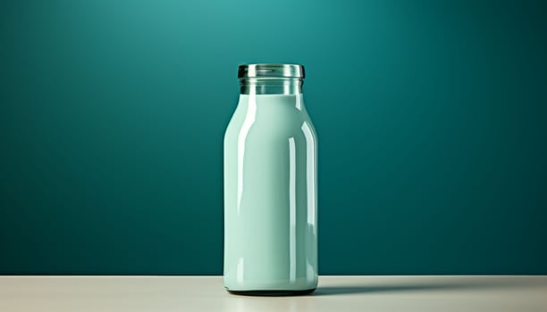 A glass bottle of milk is sitting on a table photo