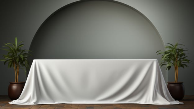 A white tablecloth is draped over a table in a room with a curved archway photo