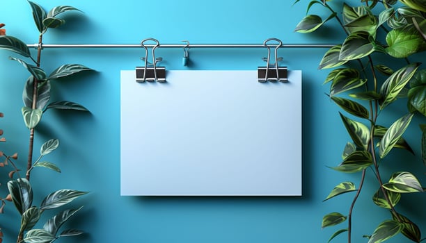 A blue background with a white sign hanging from a metal rod photo