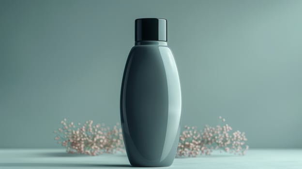A bottle of perfume is sitting on a table next to some flowers photo