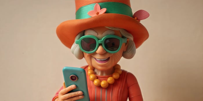 A cheerful old lady in a funny hat and retro glasses holds a cell phone in her hand. photo