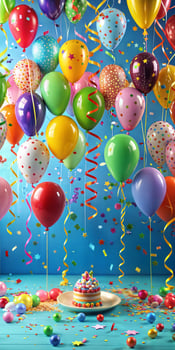 Multicolored balloons and streamers on a birthday. photo