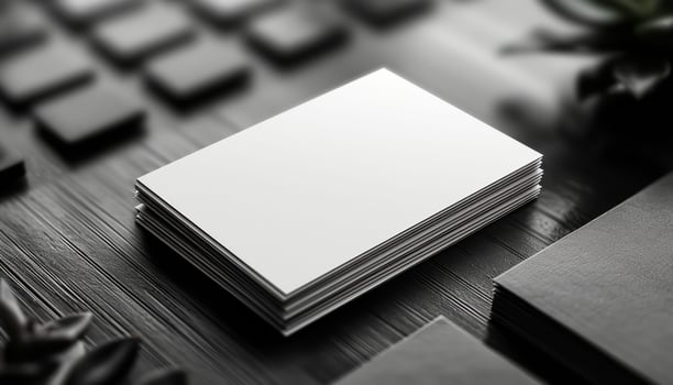 A stack of white business cards sits on a table photo