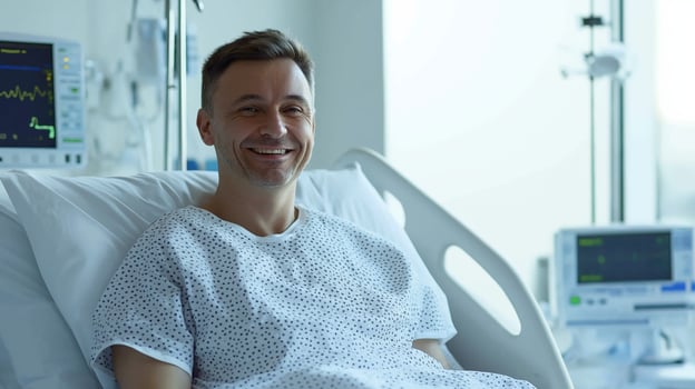 Smiling Polish Man in Hospital Bed, Mid 40s, Medical Recovery, Healthcare, Diversity photo