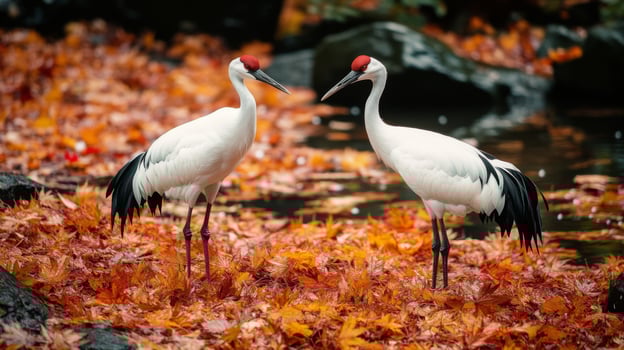 Two Red-Crowned Cranes Standing in a Bed of Autumn Leaves photo