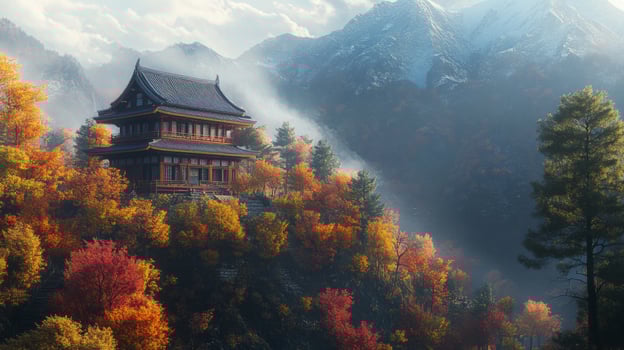 Ancient Temple Nestled in Misty Mountain Forest photo