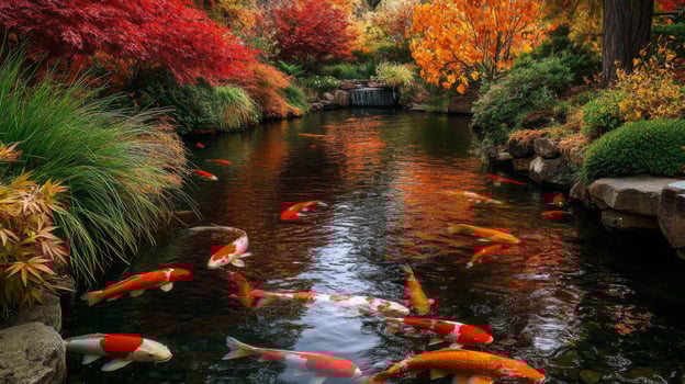 Koi Fish Swimming in a Pond Surrounded by Autumn Foliage photo