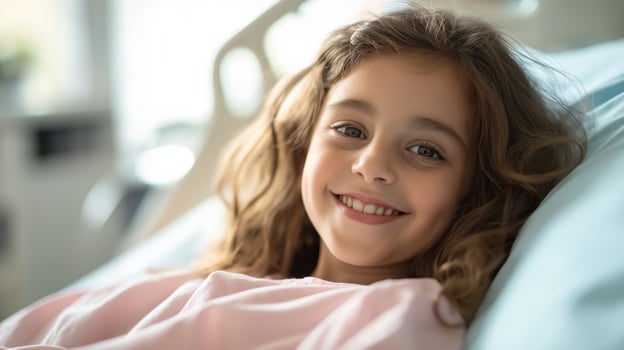 Young Italian Girl Smiling Comfortably in a Hospital Bed Reflecting Warmth and Positivity photo